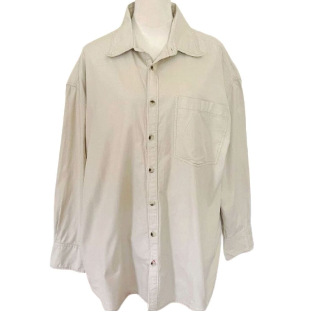 We The Free Cotton Oversized Khaki Button Down Woman's Long Sleeve Shirt Medium